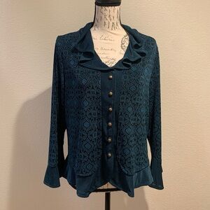 Coldwater Creek Teal Cardigan with Ruffled Collar